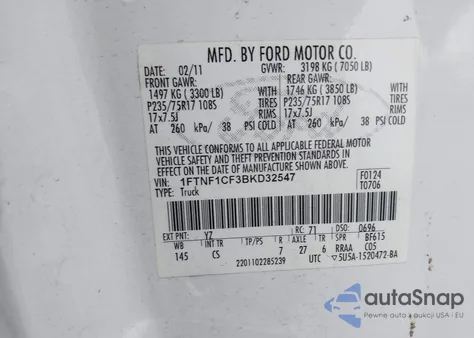 2011 Ford F-150 Xl z USA, uszkodzony, nr VIN 1FTNF1CF3BKD32547